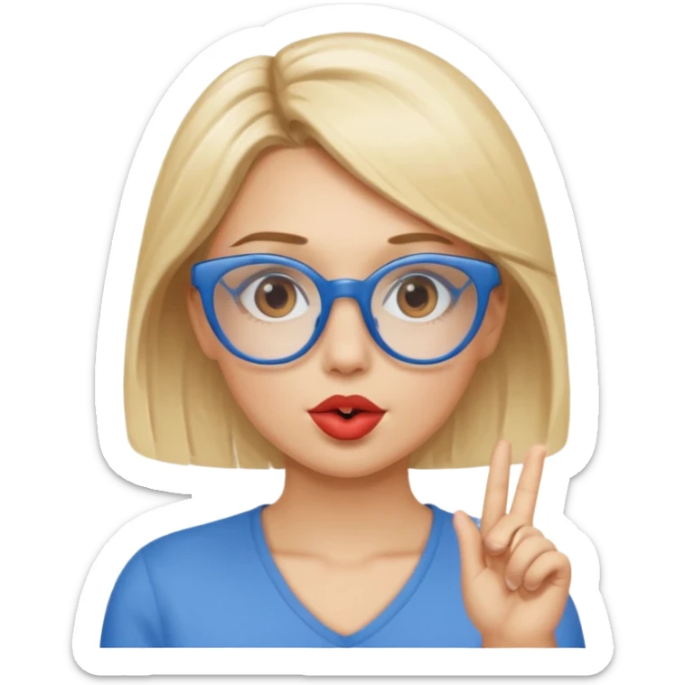 Blonde women with brown eyes, blue glasses blowing a kiss sticker