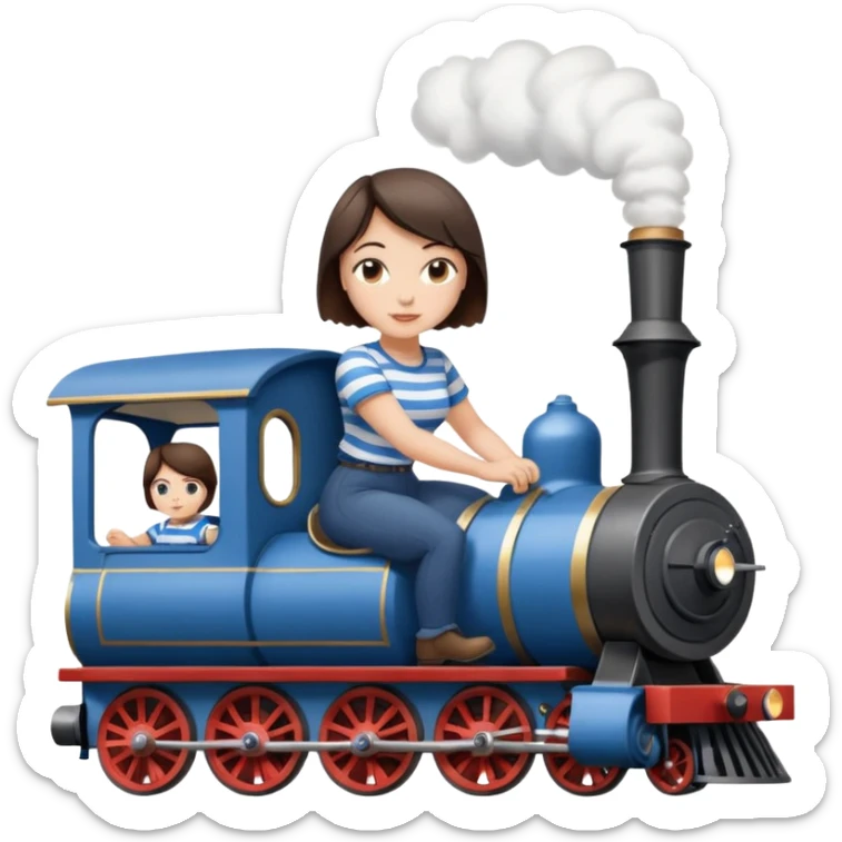 Pretty, sexy, slightly curvy white woman with short dark brown hair, wearing a blue and white striped tee shirt, riding a steam train sticker