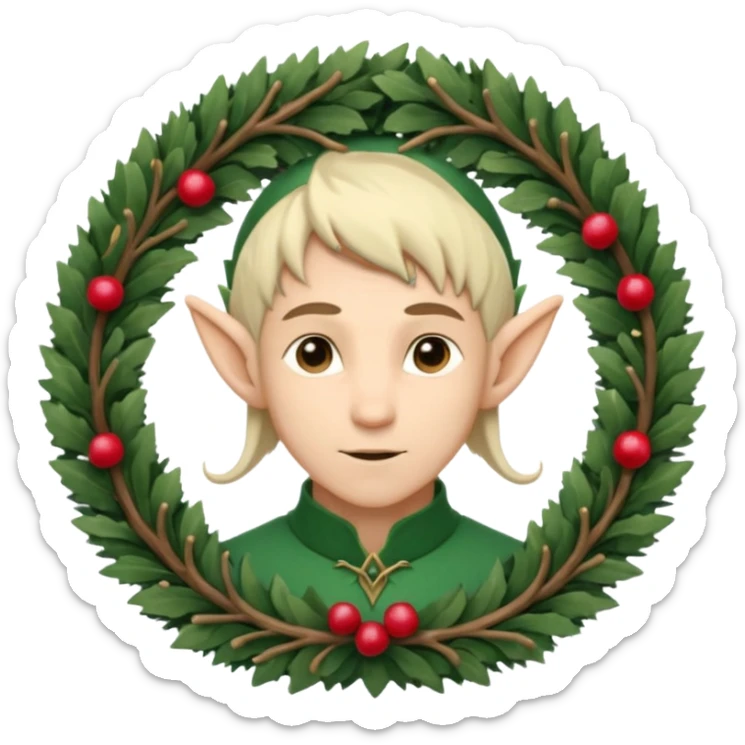Fantasy elf portrait emoji, winter forest wreath made of pine branches and berries, elven ears visible, calm elegant expression, clean simple design, soft winter colors, flat emoji style, high readability, male variant
 sticker