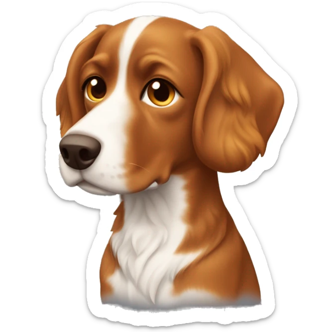 French brittany dog with wavy hair. Face is all brown. Little bit of a light orange under his eyes/up his snout. Light orange eyebrows. Head is brown in color. Wavy brown ears. Ears are all brown.  sticker