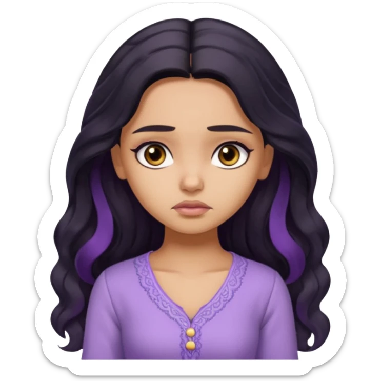 a pretty tan bratz girl with long wavy black hair, wearing a light purple kurti. looking sad sticker