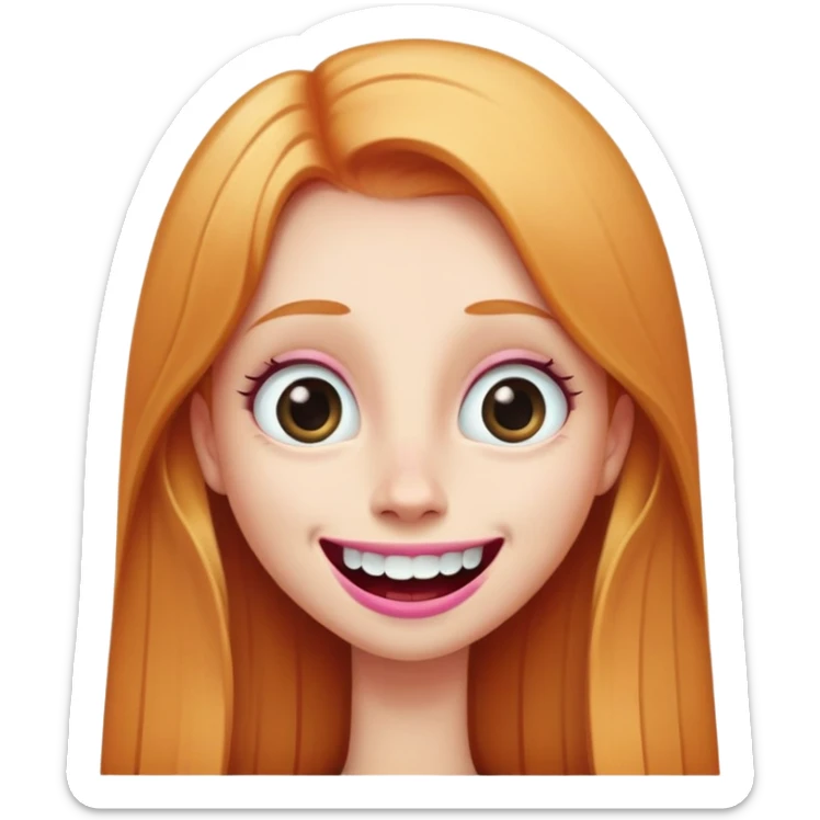 young girl with long straight ginger blonde hair, long face, big eyes, big long nose, big pink mouth with large teeth, exaggerated smile sticker