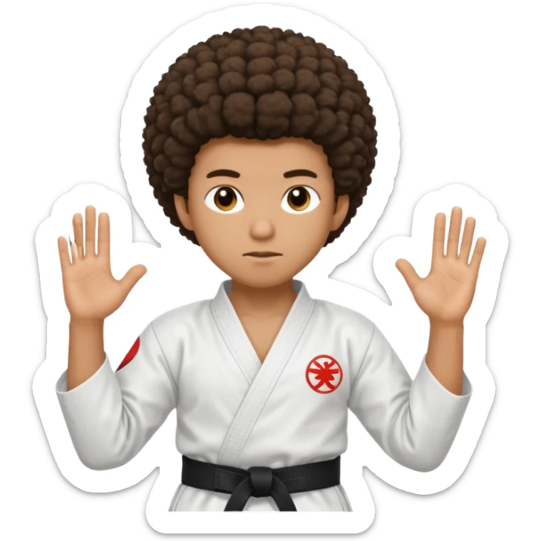 black karate instructor with afro hair and a low taper haircut, and a small fade on the sides. Make the hair brown sticker