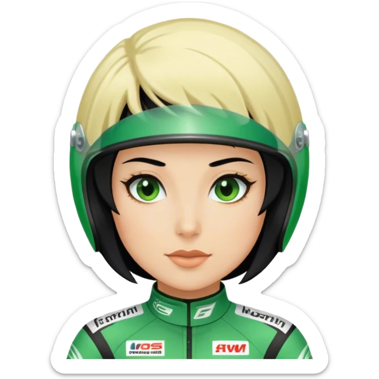 black hair blond skin woman in green racing suit sticker