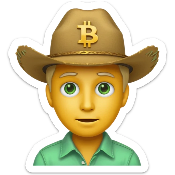 unisex yellow face emoji with a minty green cowboy hat that has '100x' on it, and Bitcoin logos as eyes sticker