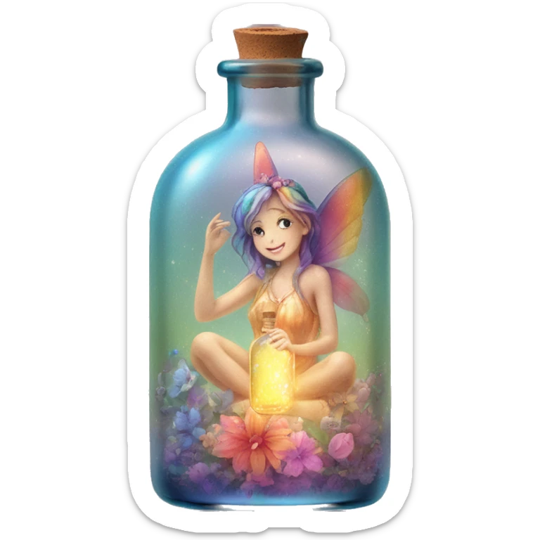 Antique oil bottle made of crystal glass of all delicate colors of the light rainbow, a living flower fairy sits at the bottom of the bottle sticker