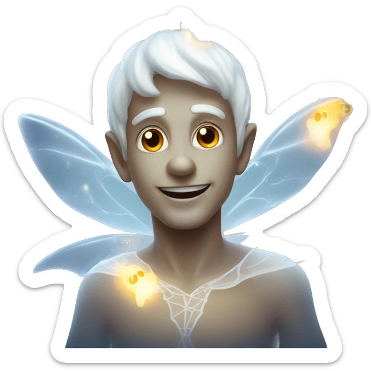 Elf male ghost fairy in a translucent dress, ephemeral wings, surrounded by glowing ghostly lights, Halloween theme, emoji sticker