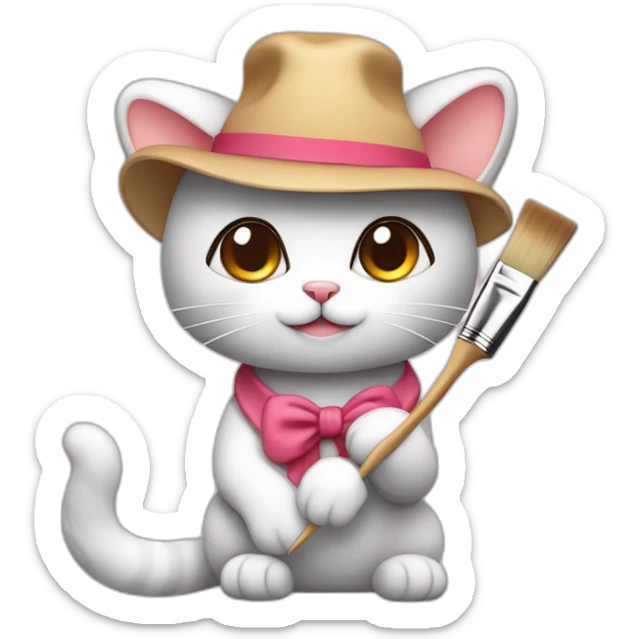 Kawaii cat artist in hat with palette and brush so it can be used as a mouse cursor sticker