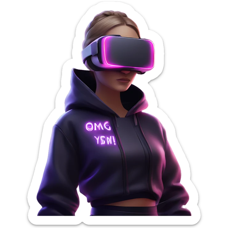 Russian girl wearing black hoody with violet letters "OMG", in vr headset oculus quest2. Standing like jedi. Cyberpunk style. Violet neon. sticker