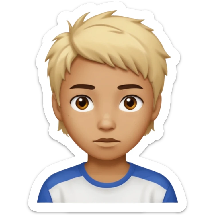caramel skin color. Teen age. Short buzz, messy blonde hair, dark brown bushy eyebrows large expressive golden-brown eyes, brown skin color, scar over nose, wearing a plain white t-shirt. sticker