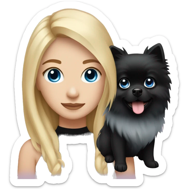A blonde girl with blond strands around her face and blue eyes with a black pomeranian sticker