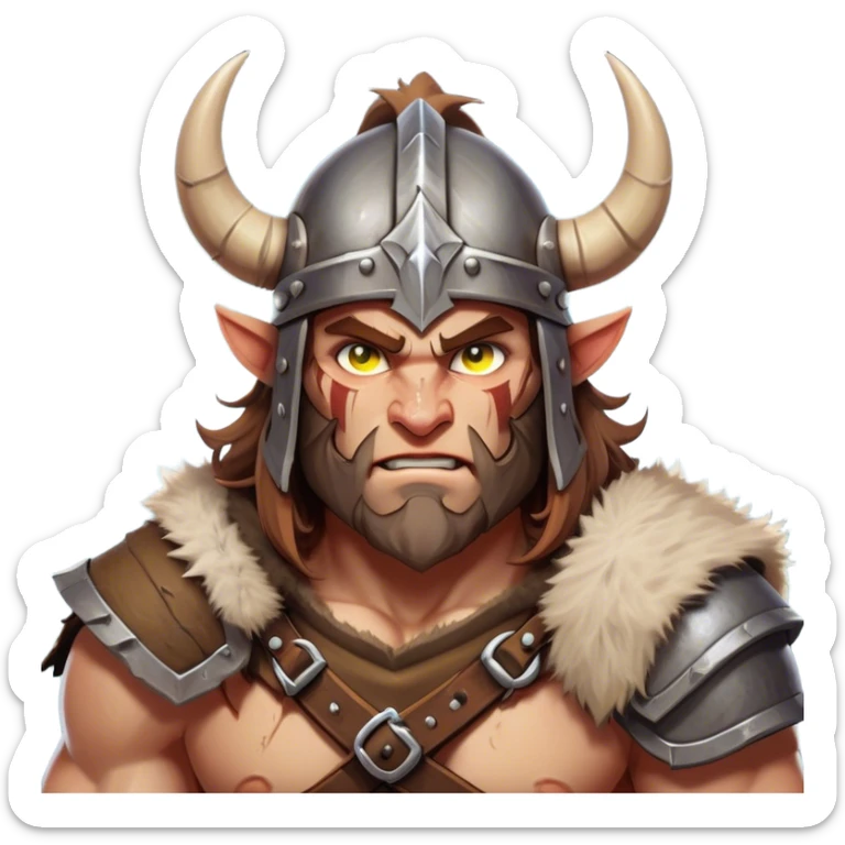 Clash of Clans aesthetic: Cinematic Fierce Barbarian Portrait Emoji, Poised and bold with a rugged yet cartoonish build in tattered furs and a horned helmet, expressive bright eyes and a confident smirk, Simplified yet dynamic features, highly detailed, glowing with a vivid, adventurous aura, high shine, heroic and spirited, stylized with an air of medieval warrior charm, focused and energetic, soft glowing outline, capturing the essence of a fearless barbarian adventurer ready to lead his clan with spirited valor! sticker