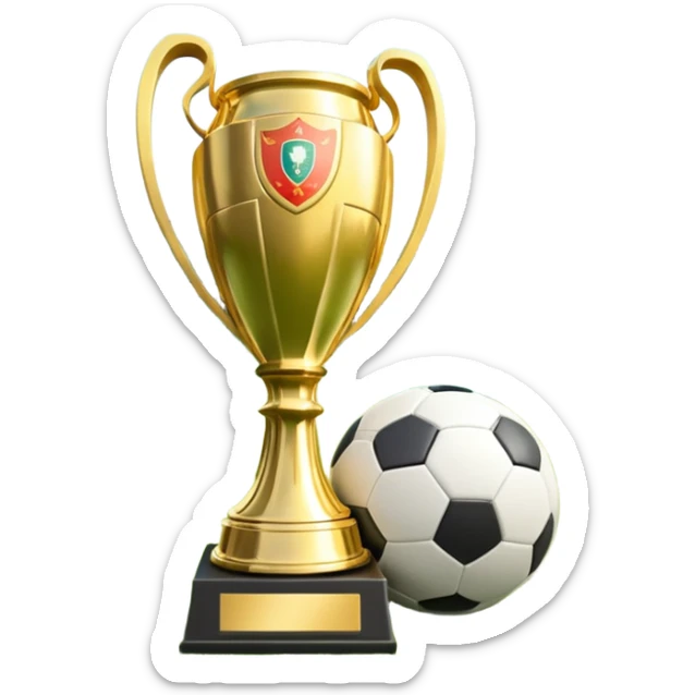 A football resting on the green grass of a soccer field, with goalposts and field markings in the background. In the foreground, the UEFA World Cup trophy gleams, symbolizing the pinnacle of football achievement, adding an element of prestige and competition to the scene. sticker