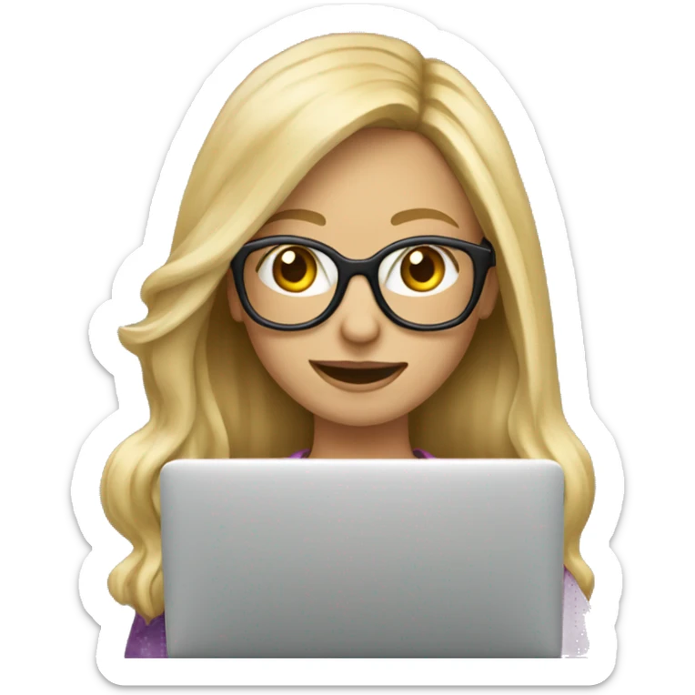Long blonde hair girl with glasses behind laptop sticker