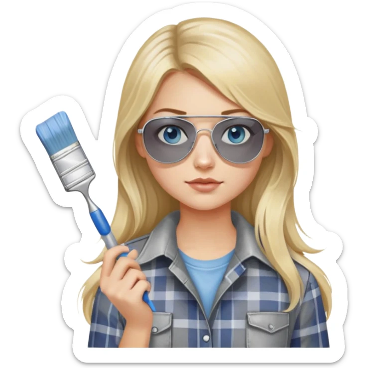 girl with long blond hair, wearing grey plaid shirt with blue eyes and aviator sunglasses wearing a ring on her silver necklace, holding a paint brush roller with a small bit of paint on her face sticker