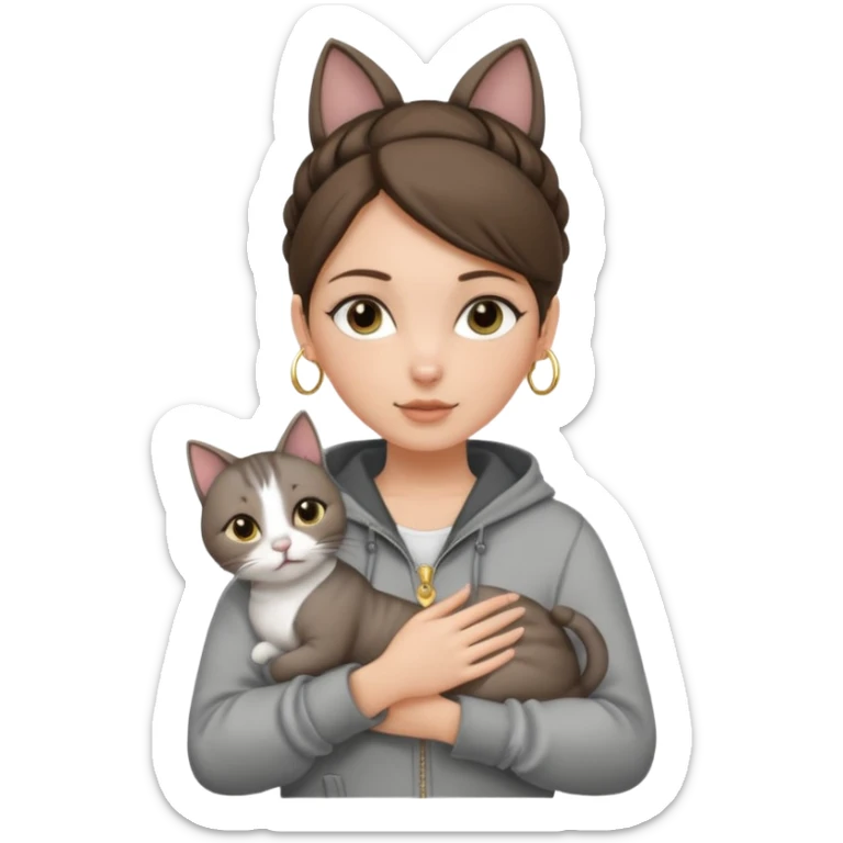 a white girl with brunette hair in a one single bun holding a grey cat. the girl has long lashes and has on a grey zip up that is half way zipped and has a hood and under a white shirt and gold jewelry that is gold bracelets. sticker