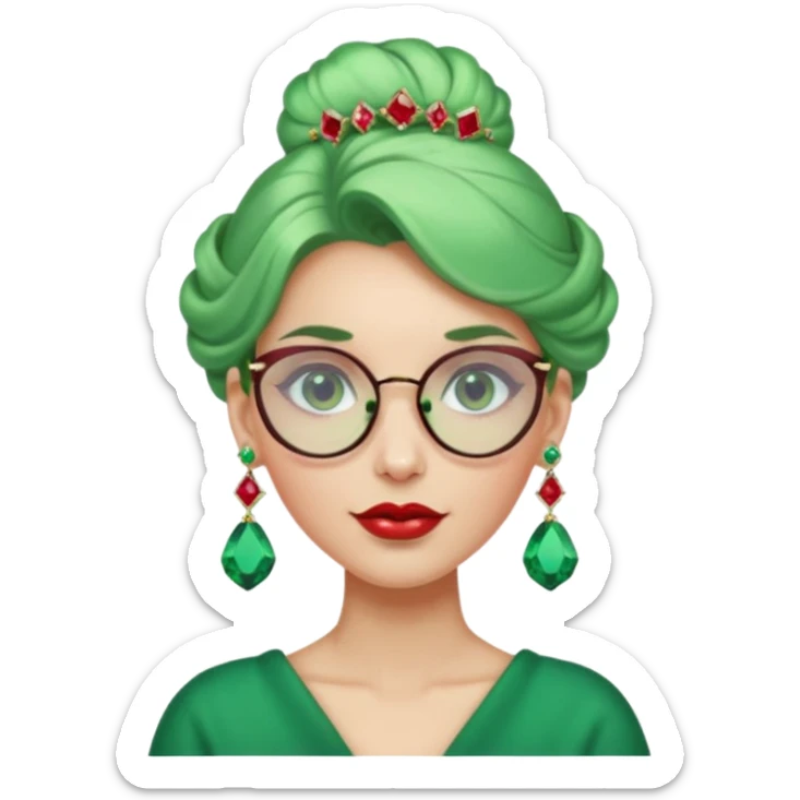 gem lover woman with gem accessories excessive amount gem glassess very big gem earrings green bun hair and red diamonds sticker