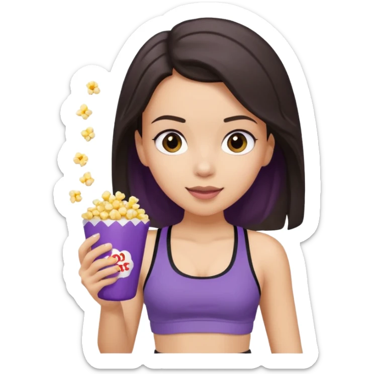Brunette light skin girl with black sports bra and grey sweatpants on her phone while eating popcorn from a purple popcorn bag sticker