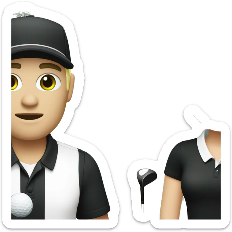 Blond white men green eye wearing white golf outfit, and black hair white woman with brown eye woman wearing black golf outfit playing golf. sticker