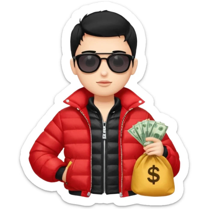 a pretty bratz boy with black hair, holding a bag of money, sunglasses on, red puffer jacket sticker