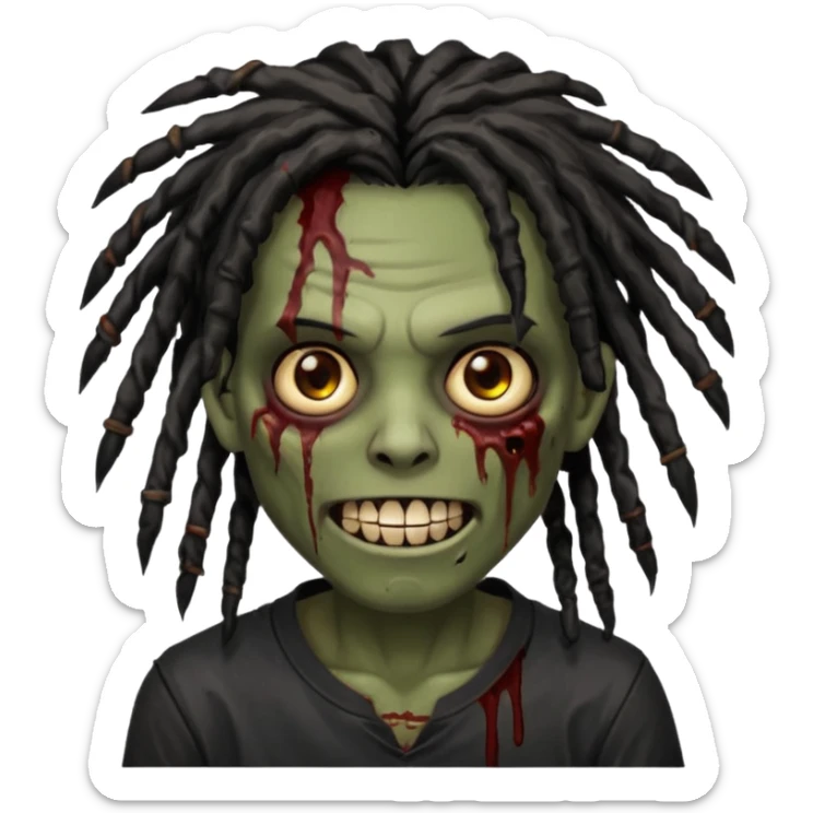 zombie with brown skin, messy black dreads hair, wide centered brown eyes, dark bloody marks under the eyes, and a smile showing shiny metal teeth,black shirt, giving a distressed, undead look. sticker