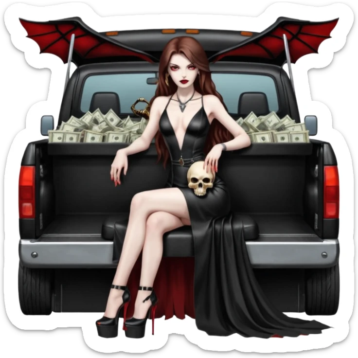Lilith red eye seductress evil long brown haired sexy succubus woman with leather long dress with slit on, sitting in Big Large F350 pickup truck. Wearing super tall black platform high heels, Back seat full of stacks of cash, she is  Holding a human skull of her enemies and a gun in other hand sticker
