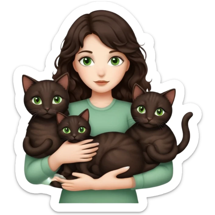Beautiful girl with dark brown wavy hair and green eyes holding black and brown cats in arms sticker