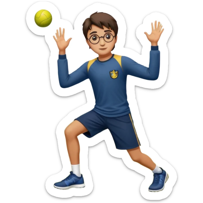 Harry Potter is in sports clothes doing morning exercises, he is in the field before his magic school sticker