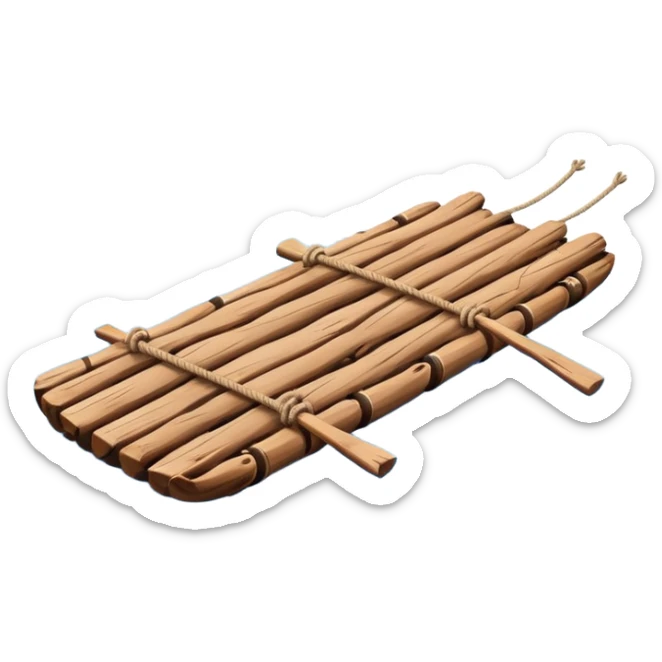 showing a simple wooden raft floating on calm blue water — made of several brown logs tied together with rope — gentle ripples around it — bright, cheerful lighting and soft shadows — minimalist, clean emoji design sticker