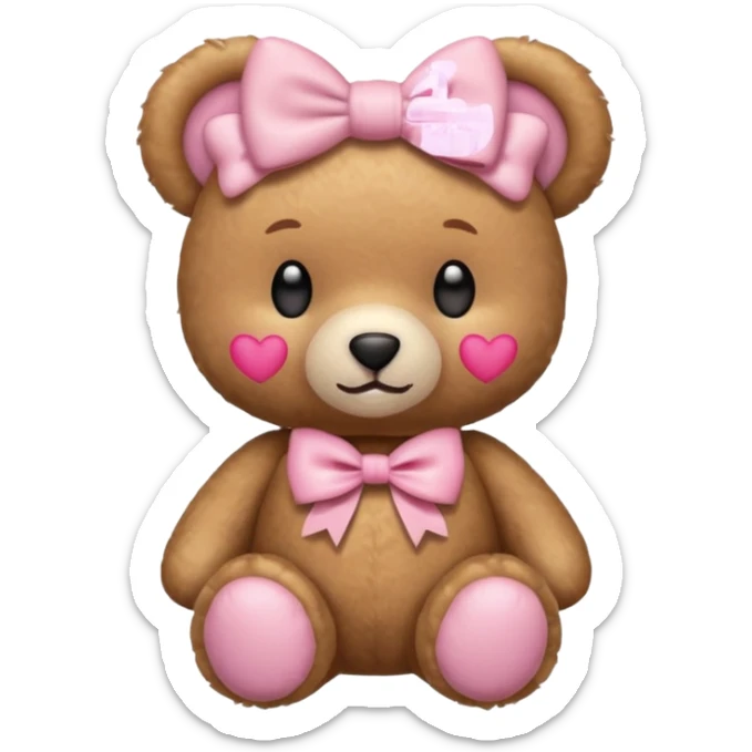 The og emoji teddy bear with some pink blush and a cute pink coquette bow in the ear sticker
