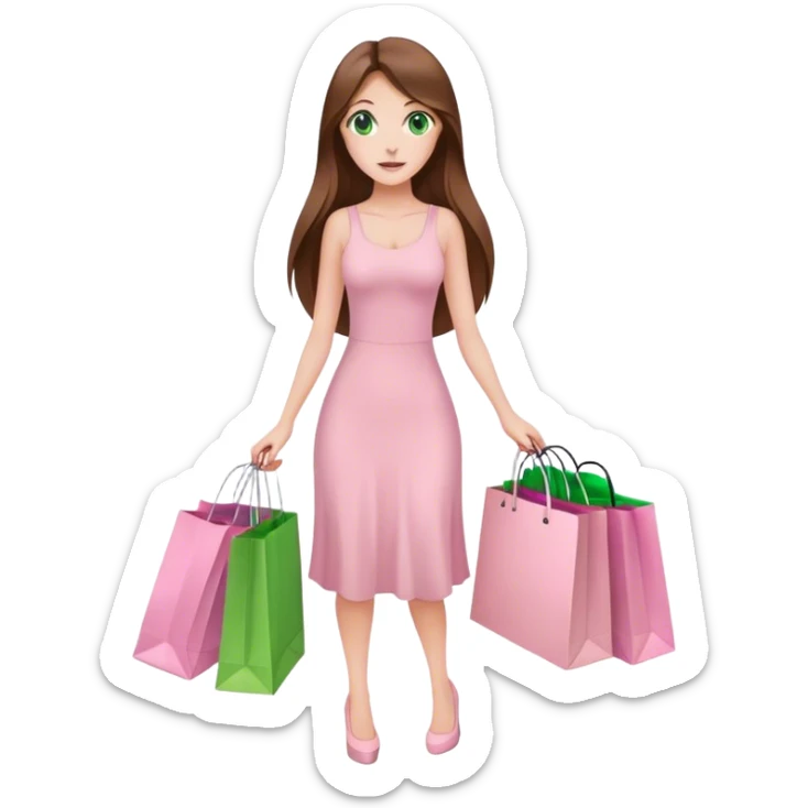 pretty white woman with very long brown hair and green eyes and light pink outfit holding a ton of shopping bags sticker