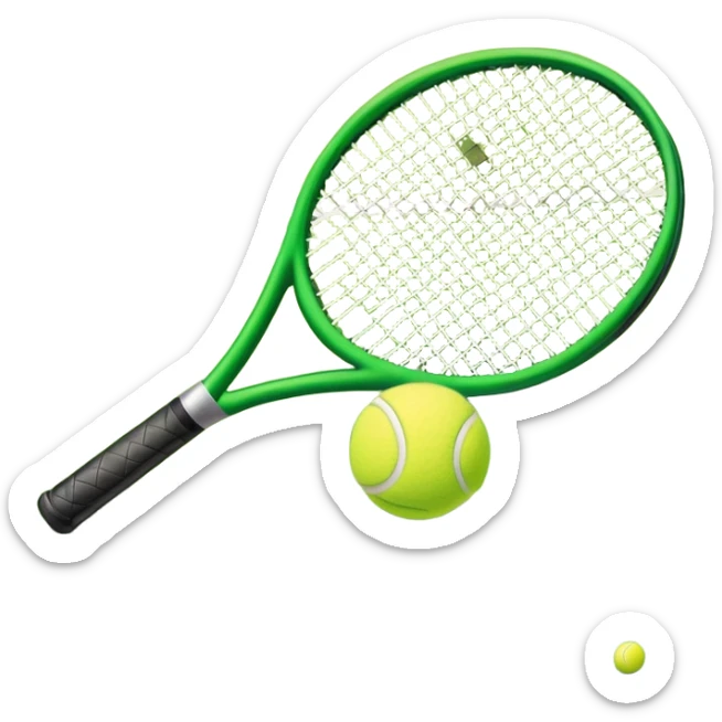 A tennis racket and ball positioned on a grass court, with the net and lines clearly visible in the background. The scene emphasizes the classic elements of the sport, capturing the energy and precision of a tennis match. sticker