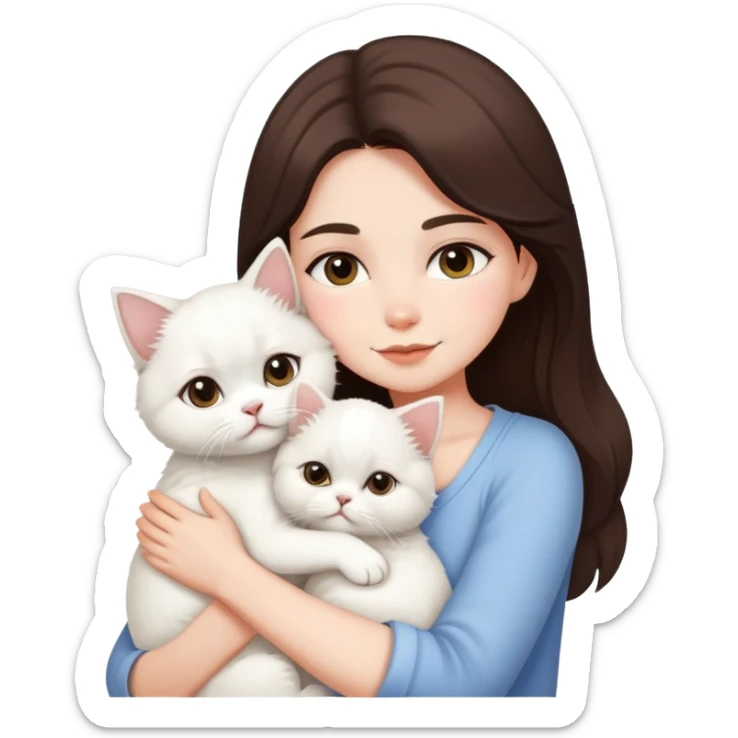 One brunette girl hugging one white puppy and one pure white persian cat sticker