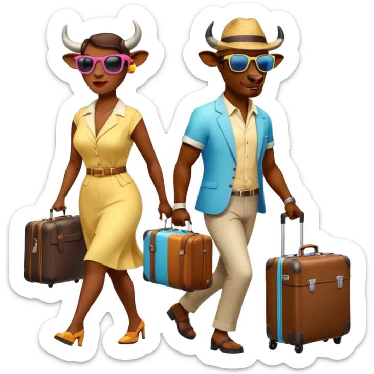 generate an emoji of a group of up to 8 male and female bulls travelling together on holidays. One bull has a suitcase, one has sunglasses, one is carrying a cocktail. They're all in motion, walking together. Make the characters look like bulls. They wear summer clothes. Suitcases are colourful sticker