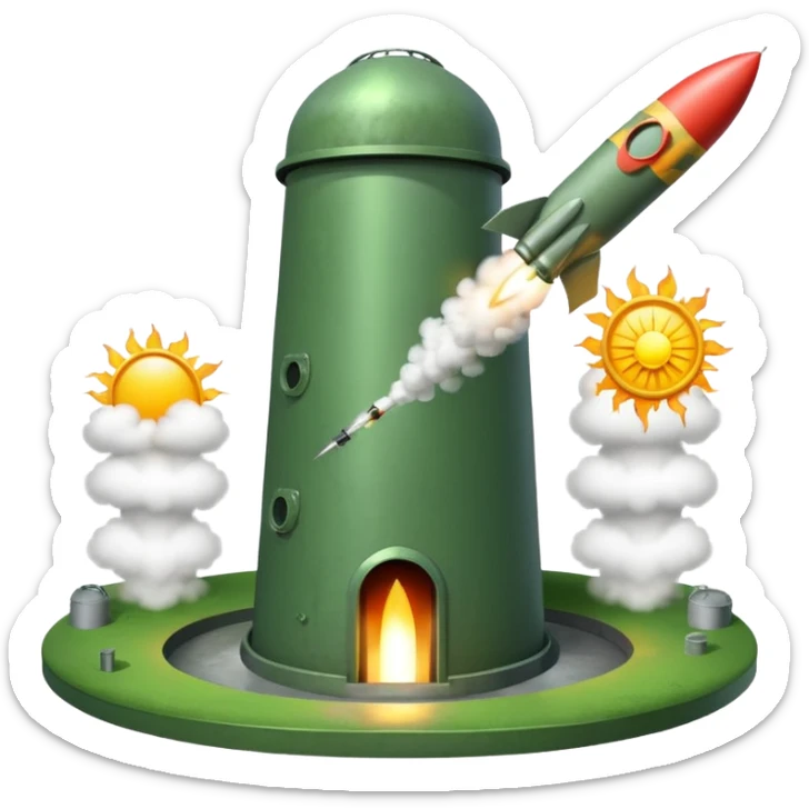 green landscape with sun in top of the background, there is a missile silo hatch open, and the top two thirds of a nuclear missile launching out of the silo is shown sticker