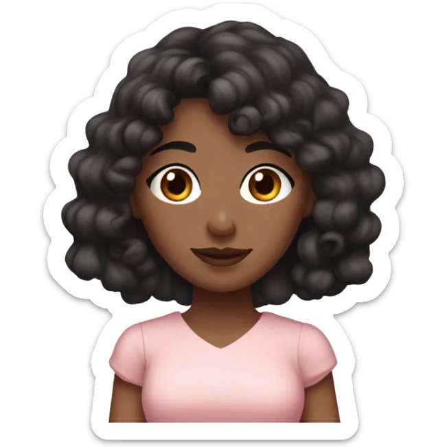 Fair skinned woman with long black curly hair and bangs and dark brown eyes, wearing a pastel pink dress sticker