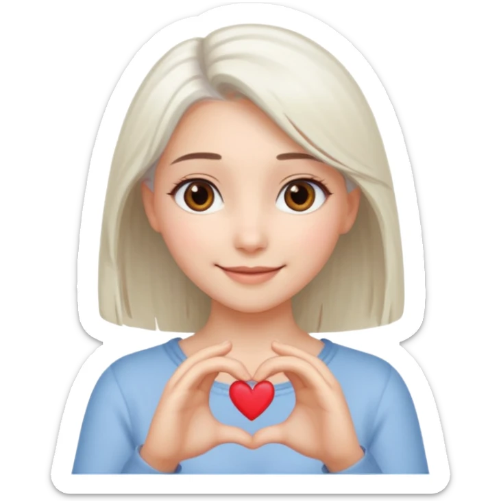 Beautiful girl. Platinum-colored hair just below the shoulders, straight, brown eyes, sweet smile. Hands in the shape of a heart.  sticker