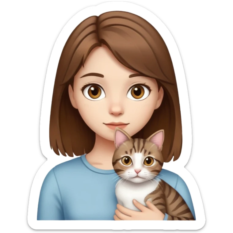 a girl cute brown hair and brown eyes and white skin with a cat Tabby medium sticker