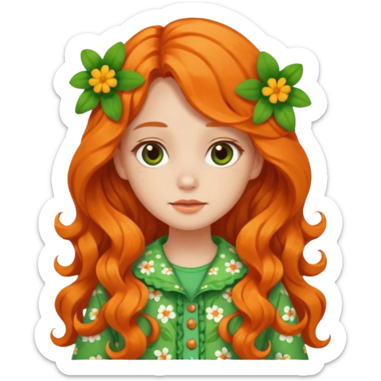 orange wavy long hair girl with wearing green cottage core flowery clothes sticker
