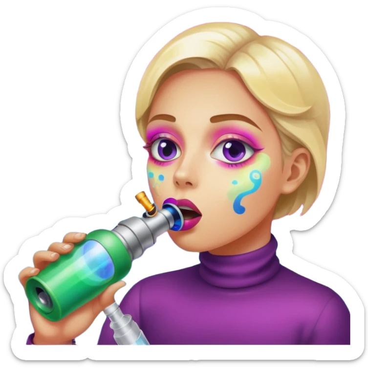 Emoji-style face inhaling from Galaxy Gas nitrous oxide canister, mouth on nozzle, kaleidoscope psychedelic eyes, colorful vapor swirling sticker