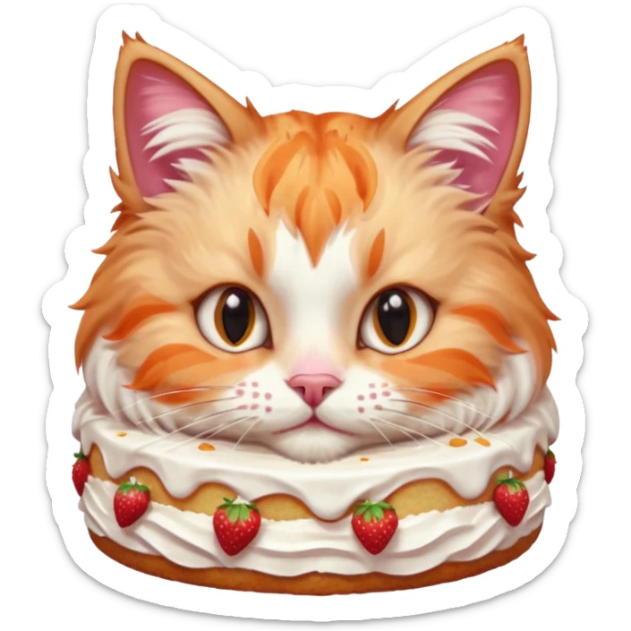 Close-up portrait of a fluffy cat eating a strawberry cake, pink cream on its nose and whiskers, detailed fur texture, soft natural light, shallow depth of field, high resolution, cute and candid moment
, sticker