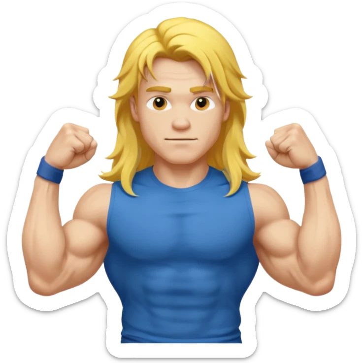 young guy with biceps fkexing, long yellow hair, blue t-shirt sticker