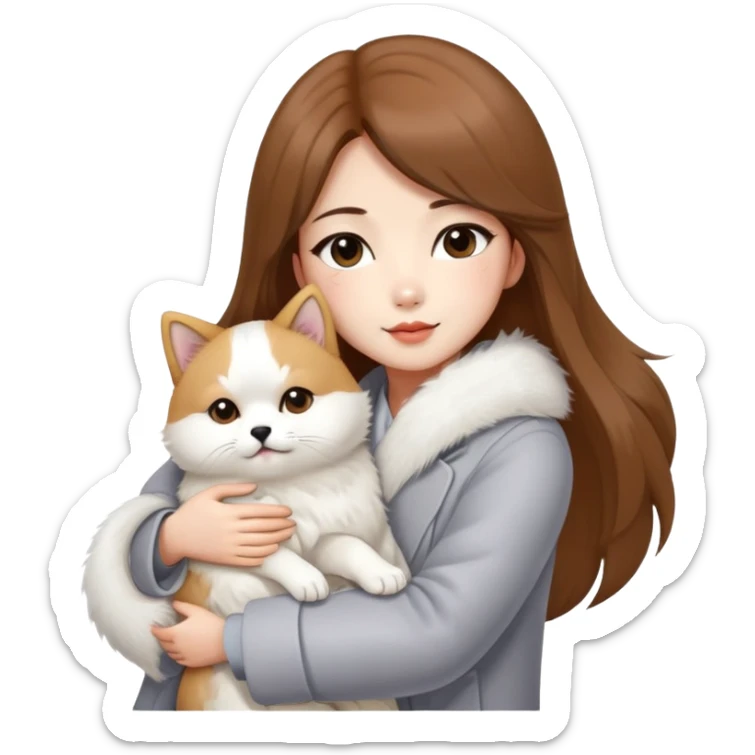 A Chinese fashion girl with brown hair, wearing a light gray fur coat, hugging a Shiba Inu and a long-haired white Persian cat. sticker