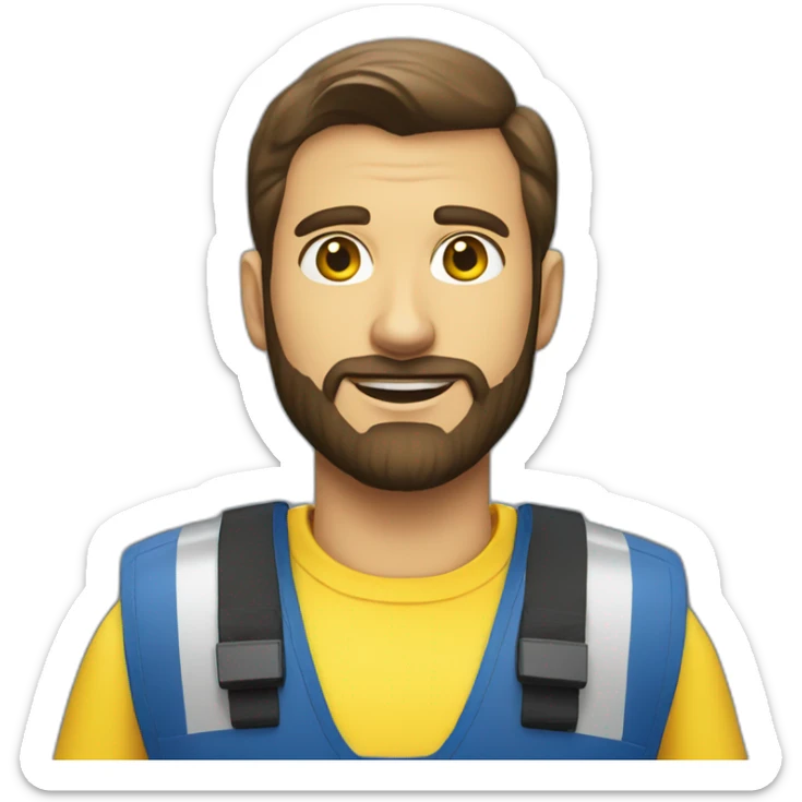 Ikea coworker blue eyes beard manager man blue stripes t-shirt and yellow security vest sticker