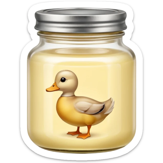 small squat glass jar of pale yellow duck fat with a metal lid, creamy layer visible, no label or extras, soft lighting, subtle shadows, emoji scale sticker