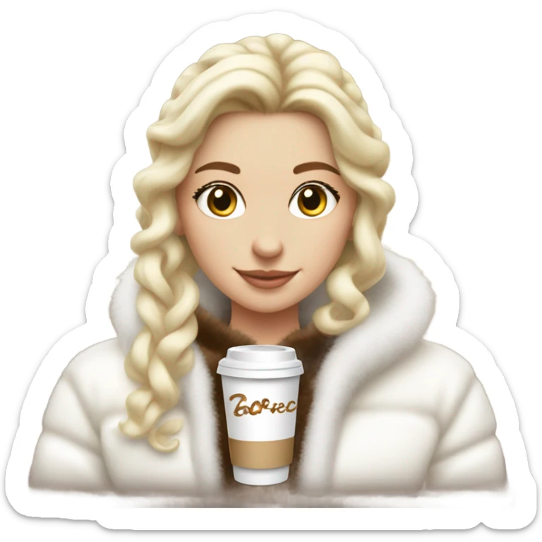 blonde girl wearing white fluffy jacket and a coffee to go in hand all dress white and a white bow on hair sticker