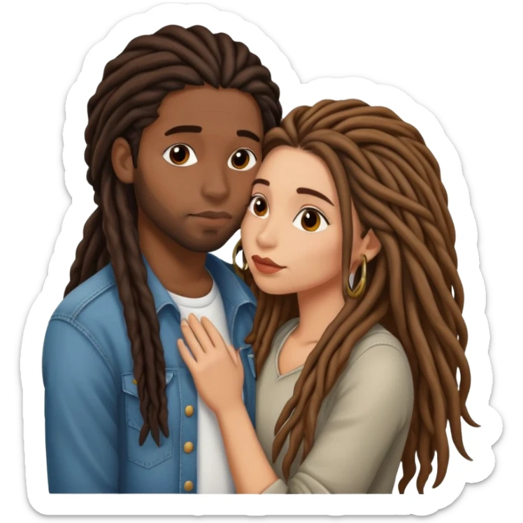 Latina Woman with long hair kissing a young black guy with dreads no beard sticker