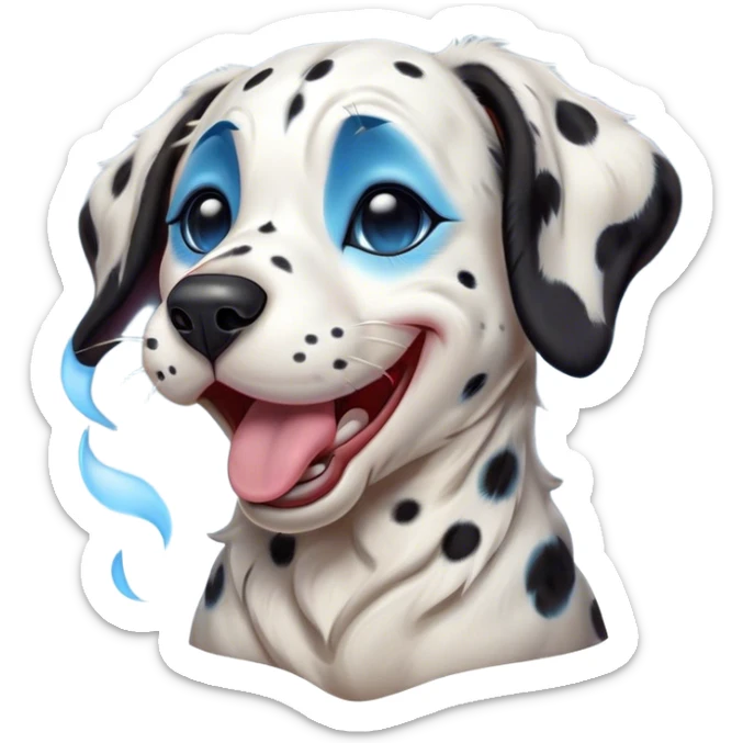 Cinematic Cute Yawning Harlequin Dalmatian Portrait Emoji, Head tilted slightly with a dramatic, wide-open yawn, showcasing a smooth Fur of predominantly white with bold black patches, floppy ears slightly drooping, round blue eyes barely open in drowsy contentment, Simplified yet irresistibly adorable features, highly detailed, glowing with a soft, cozy glow, high shine, relaxed yet expressive, stylized with a touch of whimsy, bright and endearing, soft glowing outline, capturing the essence of a sleepy yet affectionate guardian, so drowsy it feels like it could stretch out of the screen and curl up for a nap! sticker
