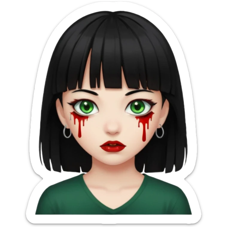 Guria com cabelo preto franjinha sangrando olhos verdes  fundo preto e um piercing bridgepiercing sticker