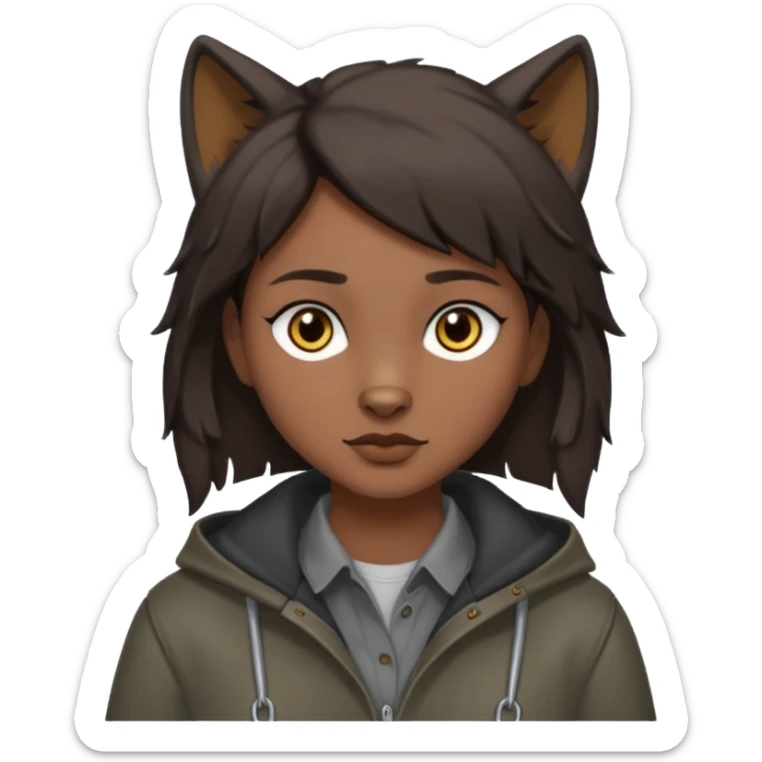Hobo tomboy with dark brown hair in a wolf cut style that is parted in the middle. brown eyes, dark dull brown coat, grey shirt. sticker